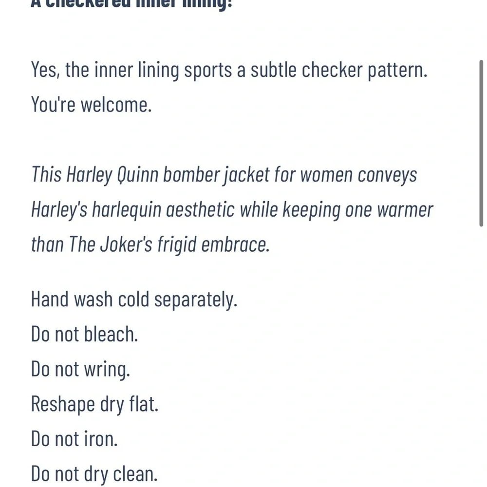 Harley Quinn size SMALL Classic Women's Bomber Jacket - Picture 9 of 10